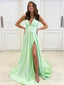Sexy Mint-Green V-neck A-line Slit Long Prom Dresses, PDS0110