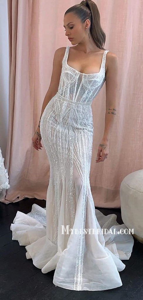 Elegant Spaghetti Strap White Mermaid Tulle Long Prom Dresses, PDS0112