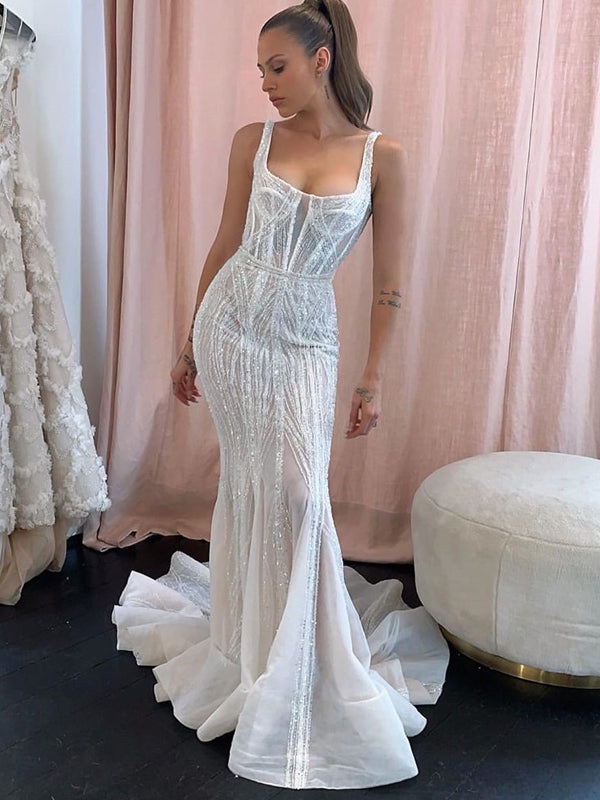 Elegant Spaghetti Strap White Mermaid Tulle Long Prom Dresses, PDS0112