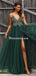 Elegant Dark Green V-neck Tulle Slit A-line Long Prom Dresses, PDS0118