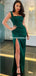 Elegant Dark Green Stain Side Slit A-line Long Prom Dresses, PDS0119