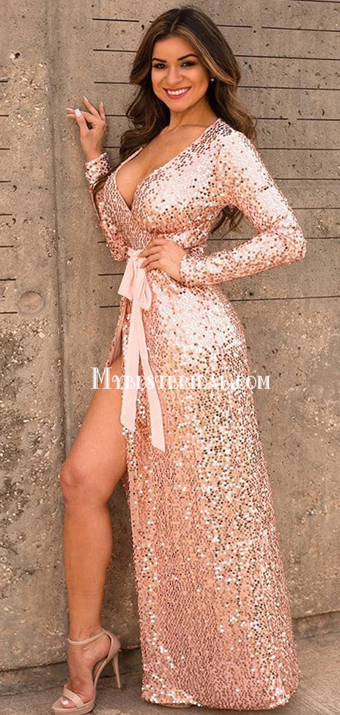Sexy Pink Sequins Long Sleeves Side Slit A-line Long Prom Dresses, PDS0120