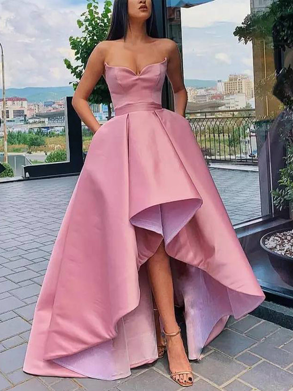 Sexy Strapless Pink Stain High-low A-line Long Prom Dresses, PDS0121