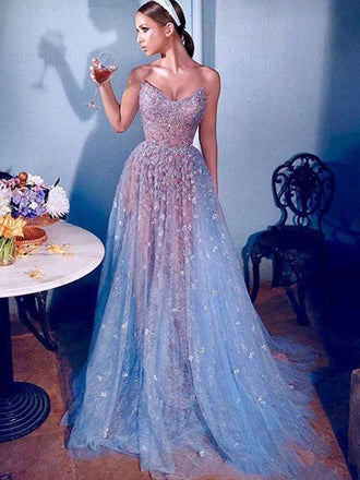 Gorgeous Strapless Applique Tulle A-line Long Prom Dresses, PDS0122