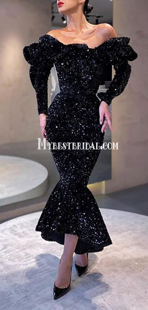 Gorgeous Black Off Shoulder Beaded Long Sleeves Mermaid Long Prom Dresses, PDS0123