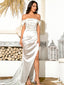 Elegant White Off Shoulder A-line Split Long Prom Dresses, PDS0126