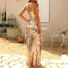 Sexy Golden Bling V-neck A-line Split Long Prom Dresses, PDS0127