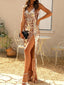 Sexy Golden Bling V-neck A-line Split Long Prom Dresses, PDS0127