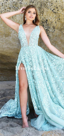 Elegant V-neck Mint Lace Side Slit Long Cheap Prom Dresses, PDS0097