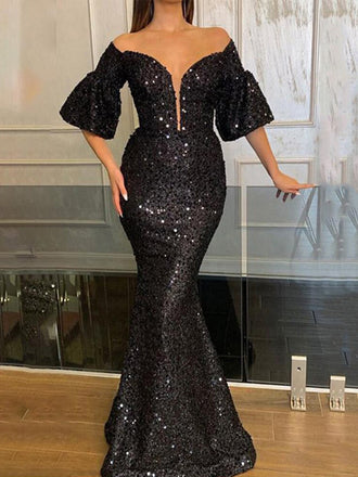 Sexy Bling Black Off Shoulder Mermaid Long Prom Dresses, PDS0131