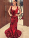 Sexy Red Spaghetti Strap Sequins Mermaid Long Prom Dresses, PDS0134