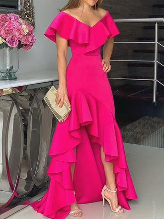 Pretty Off Shoulder V-neck Split Mermaid Long Prom Dresses, PDS0133