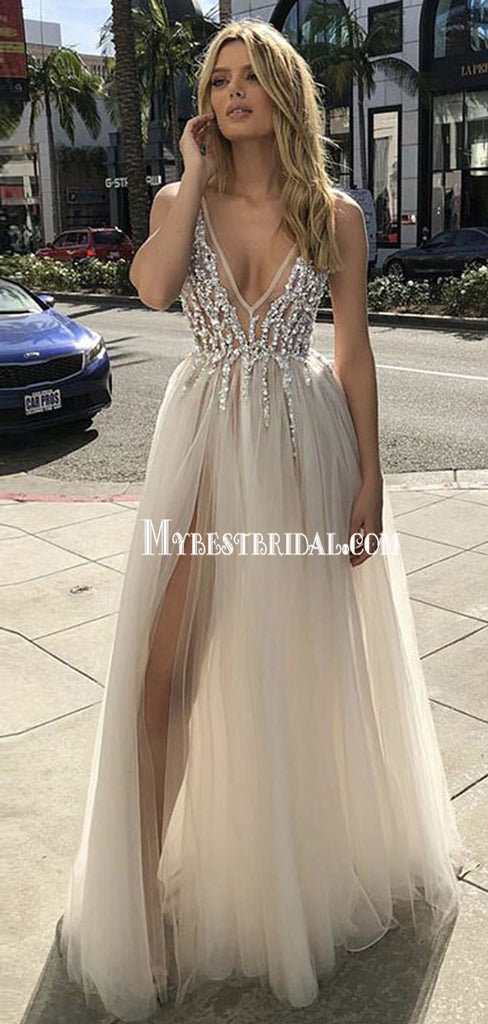 Sexy V-neck Beaded Applique Split Tulle A-line Long Prom Dresses, PDS0141