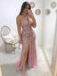 Newest Halter Pink Sequin Mermaid Long Cheap Prom Dresses, PDS0099