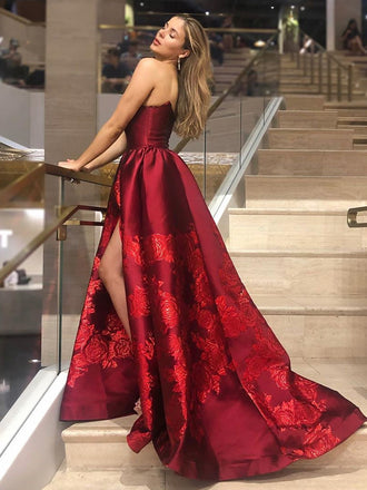 Elegant Strapless Burgundy Printed Flower Satin Long Cheap Prom Dresses, PDS0087