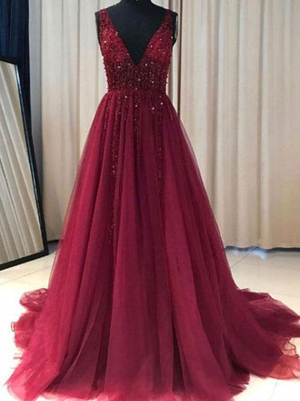 See Through V Neck Dark Red Beaded Long Evening Prom Dresses, Cheap Custom Party Prom Dresses, PDS0082