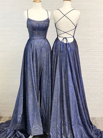 Navy Blue Spaghetti Straps Glitter Long Evening Prom Dresses, Evening Party Prom Dresses, PDS0080