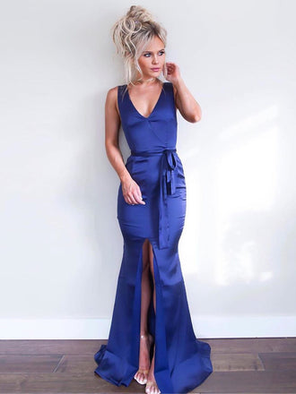 Simple V-neck Royal Blue Satin Mermaid Long Cheap Prom Dresses, PDS0094
