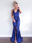 Simple V-neck Royal Blue Satin Mermaid Long Cheap Prom Dresses, PDS0094