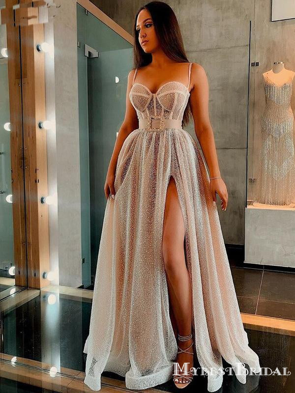 Charming Spaghetti Strap Sweetheart Sexy Side Slit A-line Long Cheap Prom Dresses, PDS0072