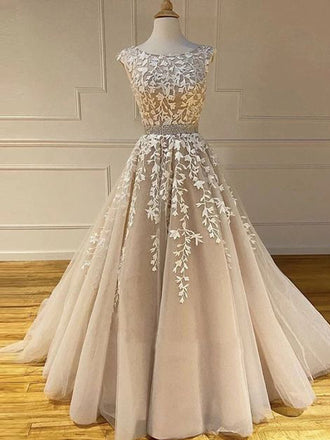 Cap Sleeves Lace Applique A-line Evening Prom Dresses, Evening Party Prom Dresses, PDS0076
