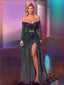 Long Sleeve Off Shoulder Sexy Side Slit Sequin Long Cheap Prom Dresses, PDS0091