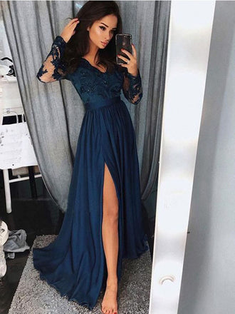 Long Sleeve Lace Chiffon Side Slit Long Evening Prom Dresses, PDS0085