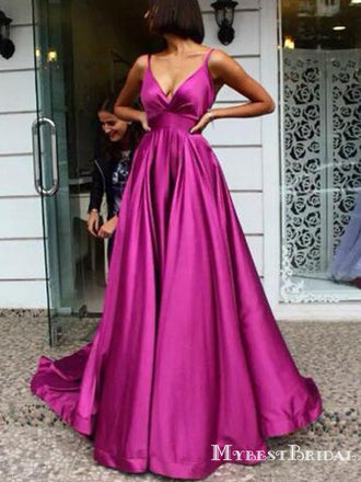 Simple V-neck Spaghetti Strap Hot Pink Satin A-line Long Cheap Prom Dresses, PDS0073