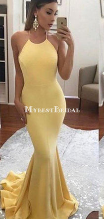 Mermaid Halter Sleeveless Backless Yellow Satin Prom Dress,Cheap Prom Dress,PDY0395