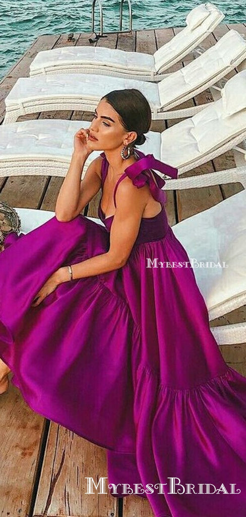 Charming Spaghetti Strap Purple Satin A-line Long Cheap Evening Prom Dresses, PDS0074