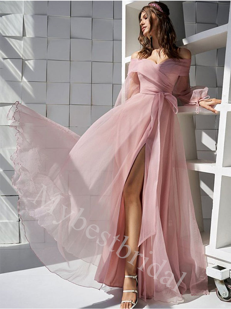 Elegant Off shoulder Side slit Sleeveless A-line Prom Dresses,PDS1018