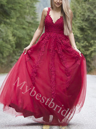 Elegant Spaghetti straps V-neck A-line Prom Dresses,PDS0930