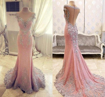 Elegant Pink See Through Lace Rhinestone Gorgeous Wedding Prom Dresses, BG0021