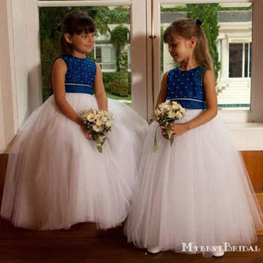Elegant Round Neck White Tulle A-line Long Cheap Flower Girl Dresses, FGS0022