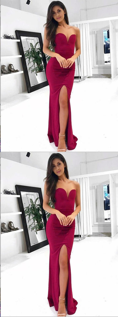 Sheath Simple Evening Gowns,Cheap Party Dress,Dark Red Prom Dresses,Slit Formal Gowns For Teens PDY0227