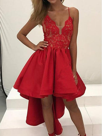 High Low Red Lace Spaghetti Straps Cheap Homecoming Dresses 2018,BDY0212
