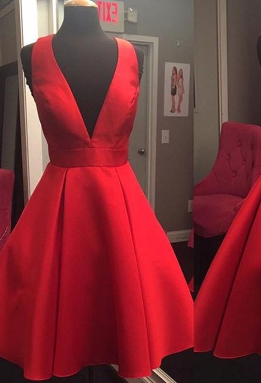 Short Cheap Simple V Neck Red Homecoming Dresses 2018, BDY0364