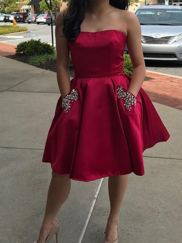 Simple Strapless Cute Cheap Beaded Red Homecoming Dresses, BDY0238