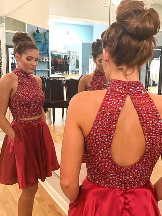 Sexy Two Piece Short Rhinestone Cute Red Homecoming Dresses 2018, BDY0255