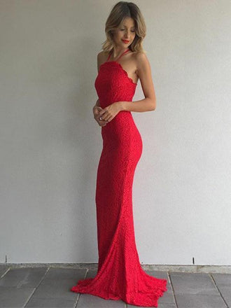 Halter Red Lace Prom Dresses, Mermaid Prom Dresses, Long Prom Dresses, Cheap Prom Dresses, BG0426
