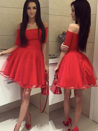 Off Shoulder Short Sleeves Red Short Cheap Homecoming Dresses Online, BDY0278