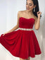 Scoop Red Simple Pearls Beaded Belt Cheap Short Homecoming Dresses Online, BDY0360