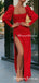 Simple Charming Elegant Square Neckline Long Sleeves Red Satin Long Cheap Side Slit Prom Dresses, PDS0012