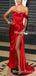 One Shoulder  Sleeveless Simple Charming Red Elastic Silk Side Slit Long Cheap Mermaid Prom Dresses, TYP0116