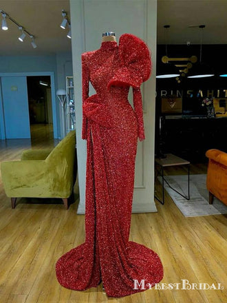 New Arrival Sparkly High Neck Long Sleeves Long Cheap Red Sequin Prom Dresses, TYP0082