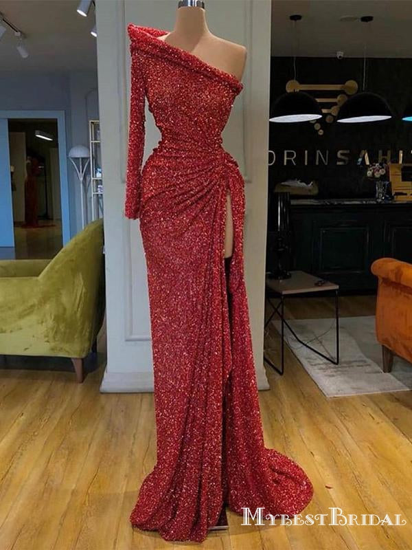 New Arrival Sparkly One Shoulder Long Sleeves Long Cheap Red Sequin Pr mybestbridal New Arrival Sparkly One Shoulder Long Sleeves Long Cheap Red Sequin Pr mybestbridal