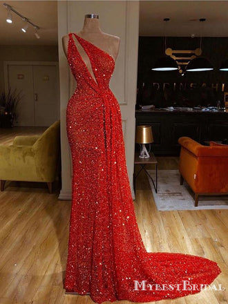 New Arrival Sparkly One Shoulder Open Chest Sleeveless Long Cheap Red Sequin Prom Dresses, TYP0081