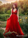 Charming Newest Cute V-neck Red Tulle Top Beaded Long Cheap Formal Prom Dresses, TYP0084