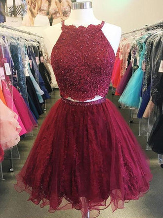 Two Piece Cheap Short Lace Beaded Dark Red Homecoming Dresses 2018, BDY0254
