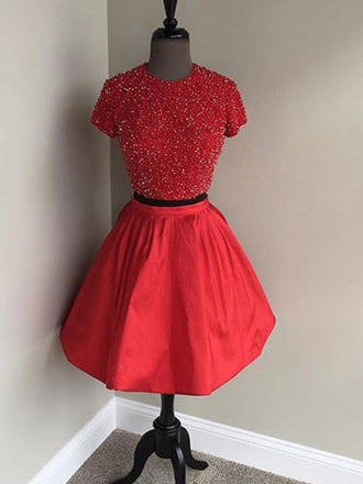 Two Pieces Short Sleeves High Neck Short Red Homecoming Dresses 2018, BDY0323